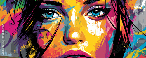 Vibrant abstract portrait of young woman with intense blue eyes in colorful brush strokes.