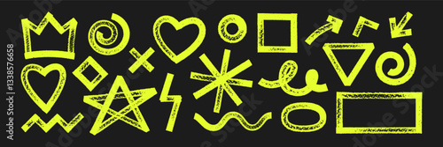 Set of geometric shapes with brush, crayon or marker texture. Crown, heart, star and rectangle with sketch lines. Yellow vector illustration on a white blackboard.