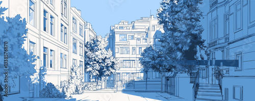 Quiet urban street with historic buildings and trees captured in blue tone vector art.