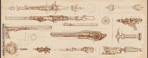 Detailed sci-fi weapon designs and blueprints on beige background.