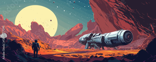 Space explorer stands near futuristic spaceship on alien planet with rocky terrain and starry sky.