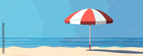 Red and white beach umbrella on sandy shoreline with blue ocean backdrop.
