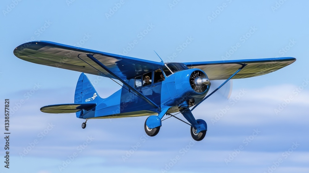A small blue airplane soaring through a clear blue sky, ideal for travel or adventure themes A small blue airplane soaring through a clear blue sky, ideal for travel or adventure themes