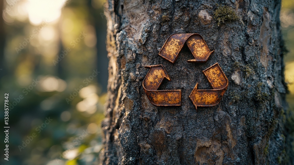 Fototapeta premium Rusty recycle symbol on tree trunk