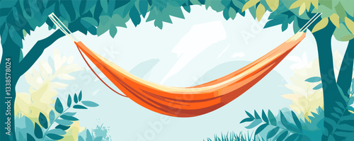 Relaxing orange hammock hung between trees in lush greenery on a sunny day.
