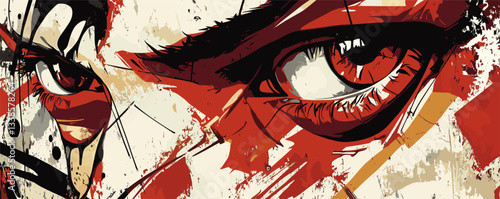 Abstract expressionist eye art with striking red and beige colors in dynamic brush strokes.
