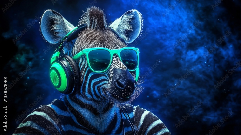 Naklejka premium Neon Party Animal Zebra DJ With Headphones and Sunglasses Enjoys Music and Summer Vibes