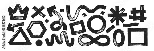 Set of geometric shapes with brush, crayon or marker texture. Crown, heart, infinity and rectangle with sketch lines. Black vector illustration isolated on a white background.