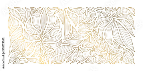 Vector art deco leaves luxury background, elegant vintage fancy floral pattern. Jungle gatsby ornament, line hand drawn wavy nature wallpaper. Baroque illustration