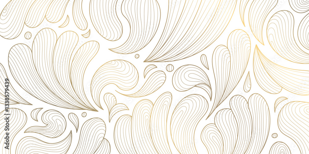 Vector art deco leaves luxury background, elegant vintage fancy floral pattern. Jungle gatsby ornament, line hand drawn wavy nature wallpaper. Baroque illustration