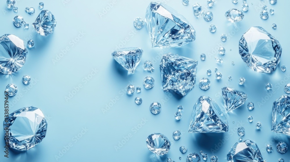 Sparkling diamonds scattered on a light blue surface creating a luxurious and elegant aesthetic perfect for jewelry related themes Sparkling diamonds scattered on a light blue surface creating a luxurious and elegant aesthetic perfect for jewelry related themes