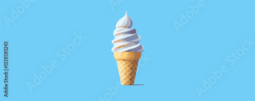 Delicious vanilla-chocolate swirl ice cream cone on blue background.