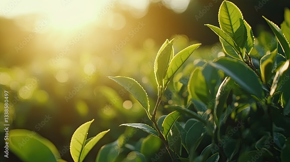 Fresh Green Tea Leaves in Sunlight with Warm Glow in the Background Fresh Green Tea Leaves in Sunlight with Warm Glow in the Background