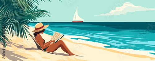 Woman relaxing on tropical beach reading a book with sailboat in the distance.