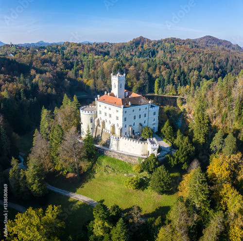Amazing autumn view of majestic old castle and lake of Trakoscan in Zagorje, northern Croatia