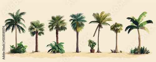Diverse tropical palm trees on sand with varied foliage background.