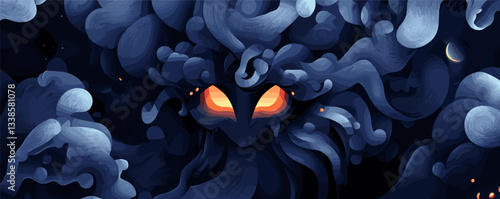 Mysterious creature with glowing eyes in a dark, dreamlike cloudy background.