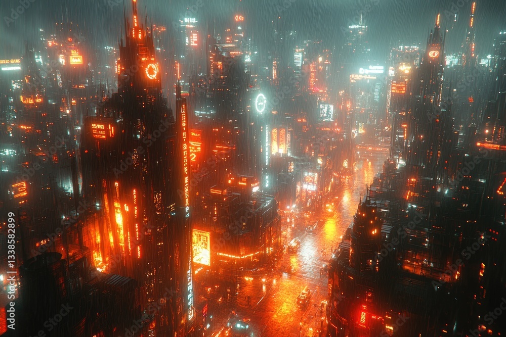 Obraz premium A futuristic cityscape illuminated by neon lights during a downpour