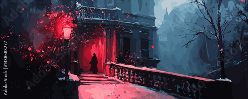 Mysterious figure in red glow on snowy steps at night.