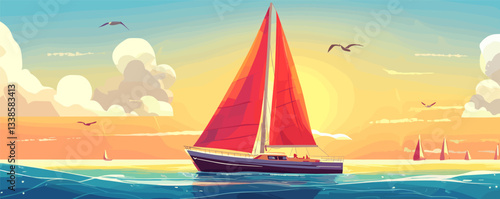 Sunset sailboat with red sails on open sea and seagulls in scenic horizon.