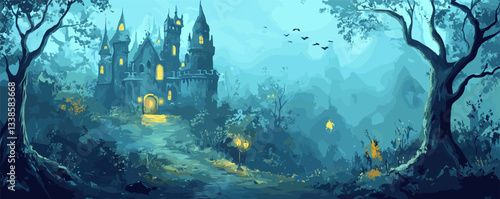 Spooky castle at night with glowing windows in mysterious forest.