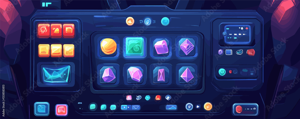Futuristic gaming interface with colorful icons and interactive elements in dark cyberpunk design. Futuristic gaming interface with colorful icons and interactive elements in dark cyberpunk design.