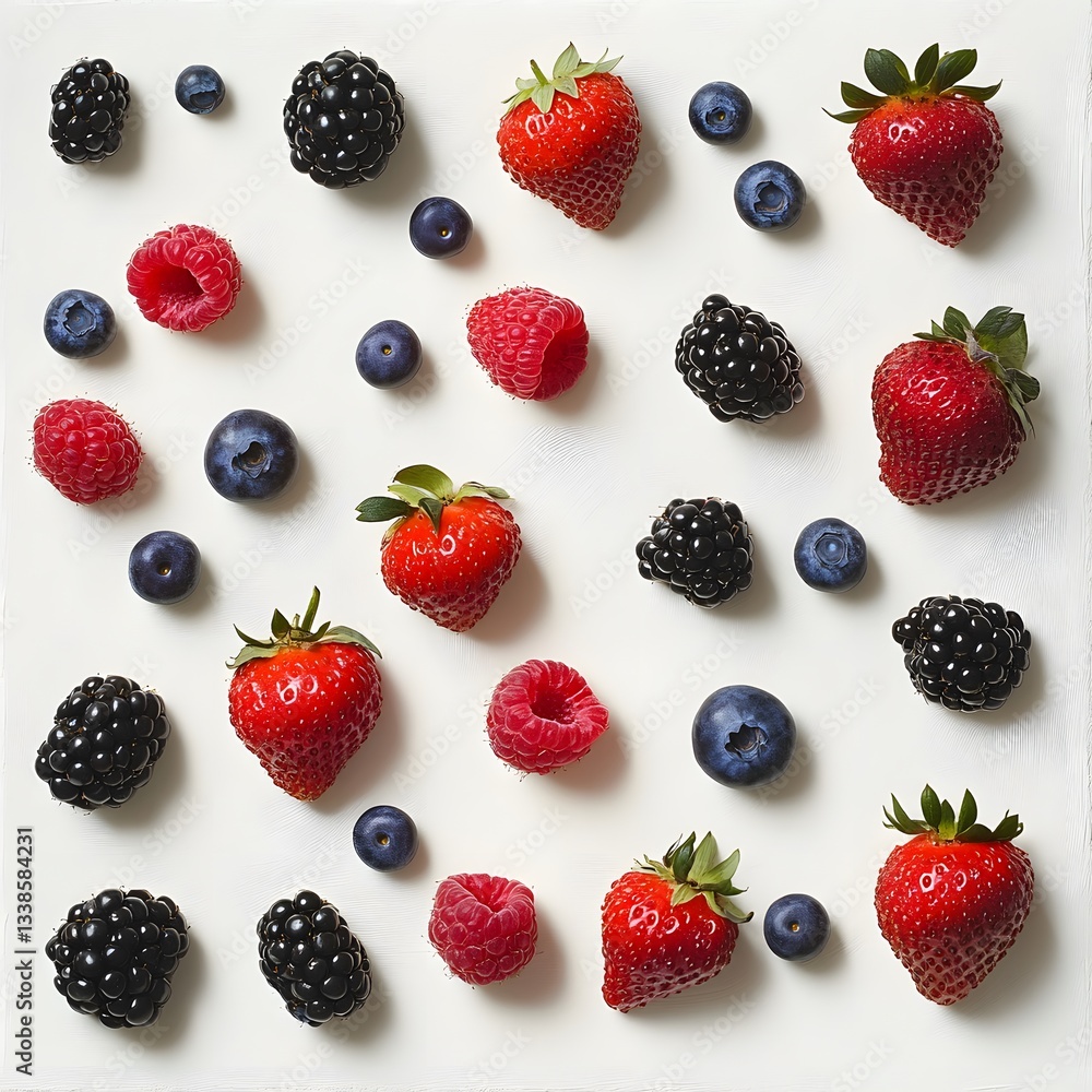 A perfectly arranged composition of strawberries, blueberries, raspberries and blackberries, on a white background. A perfectly arranged composition of strawberries, blueberries, raspberries and blackberries, on a white background.