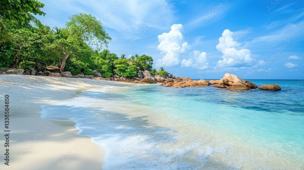 Obraz premium Tranquil Beach with Clear Water and Lush Greenery Under Blue Sky