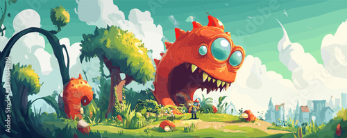 Giant red monster with multiple eyes in colorful fantasy landscape with adventurer.