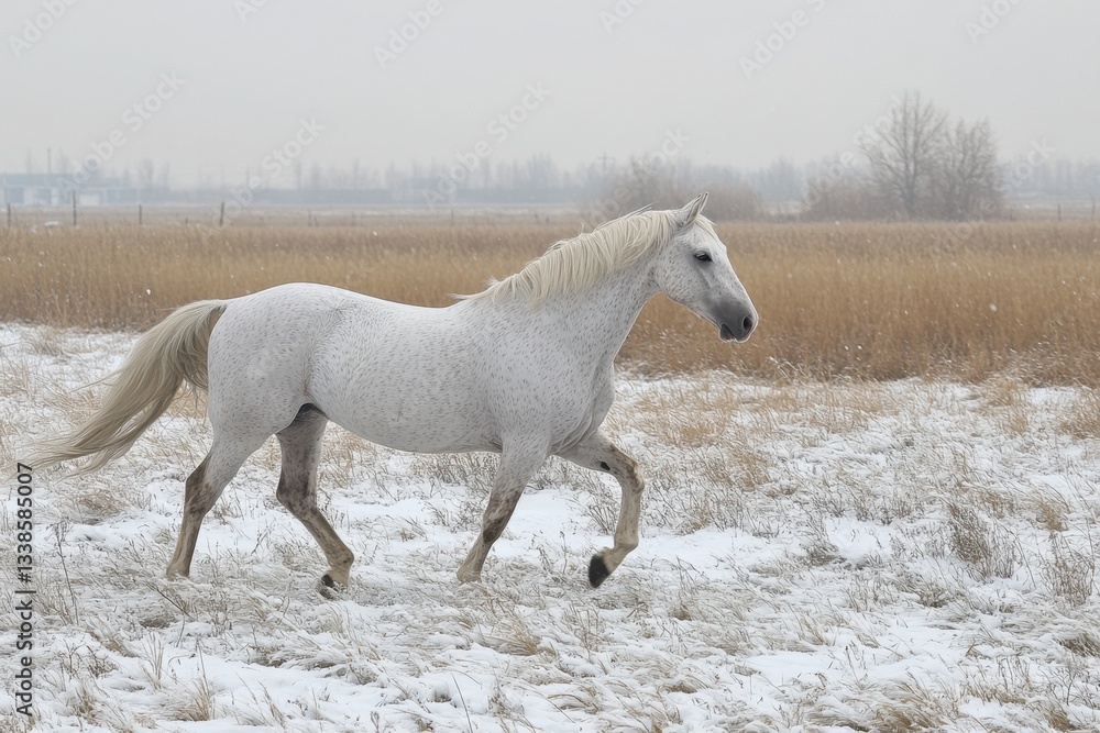 Fototapeta premium Majestic white horse trotting through snowy field winter landscape serene scene graceful animal in nature cold weather outdoor photography