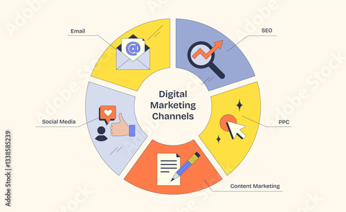 Digital marketing channels diagram shows email, SEO, and social media as key elements in a neubrutalism style diagram.