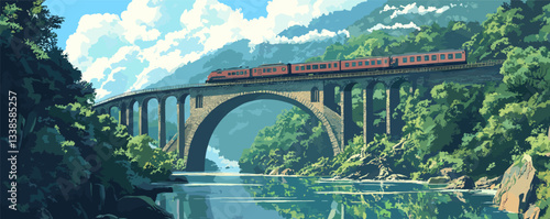 Scenic train crossing over majestic stone bridge amid lush forest and reflective river.