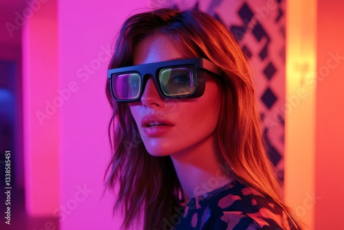 Wallpaper Mural Stunning model wearing oversized sunglasses poses against vibrant neon lights in a modern setting Torontodigital.ca