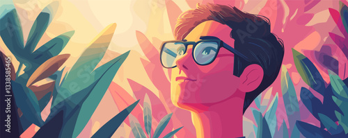 Young man admiring nature at sunset, surrounded by colorful foliage and warm light.