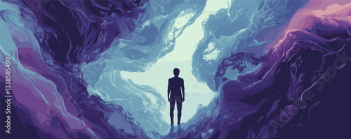 Silhouette of a person standing against abstract swirling colors in a dreamlike atmosphere.