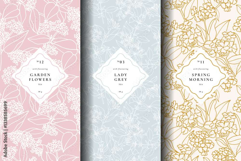 A collection of seamless vector patterns featuring intricate floral designs, perfect for enhancing tea packaging aesthetics. These patterns are ideal for various tea products, adding a touch of elegan