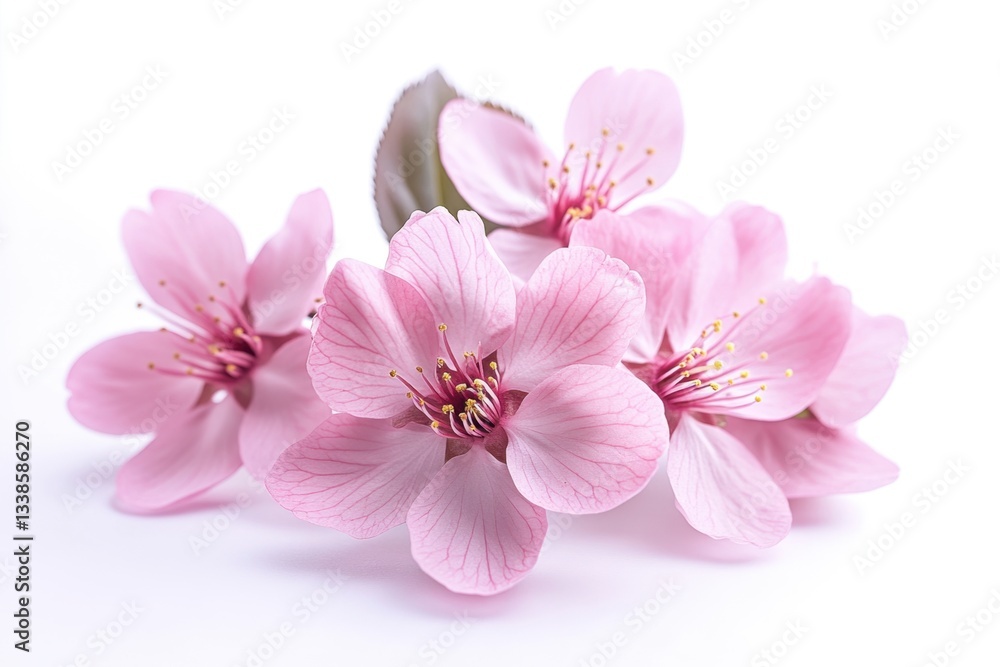Delicate pink blossoms of a flowering plum tree on a white background capturing soft light and spring essence in a serene close up Delicate pink blossoms of a flowering plum tree on a white background capturing soft light and spring essence in a serene close up