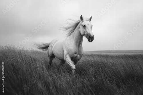 Black and white photo of a majestic horse running