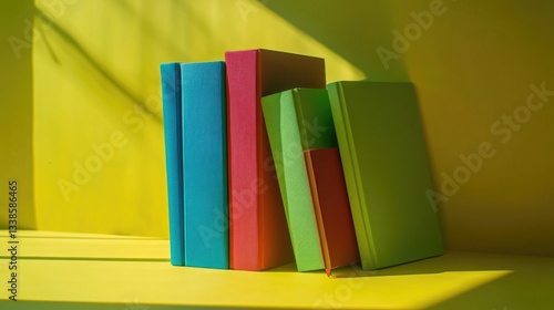 Wallpaper Mural Stacked books on a bright yellow shelf, perfect for a study or library scene Torontodigital.ca