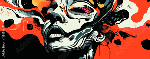 Abstract expressionist artwork of woman's face with bold colors and surreal patterns.