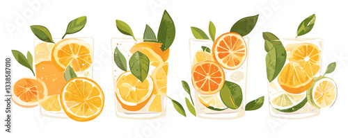 Refreshing citrus drink selection with sliced oranges, lemons, and green leaves in glasses.