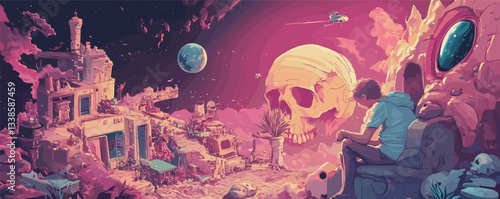 Futuristic dreamscape with giant skull and thoughtful man observing cosmic ruins.