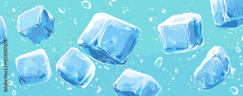 Floating ice cubes with bubbles on blue background - refreshing cool effect.