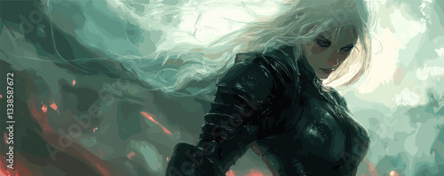 Fierce warrior woman with silver hair in dark armor against fiery background.
