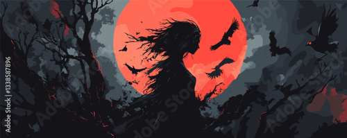 Woman in silhouette amid full moon night with flying ravens and bats in eerie forest.