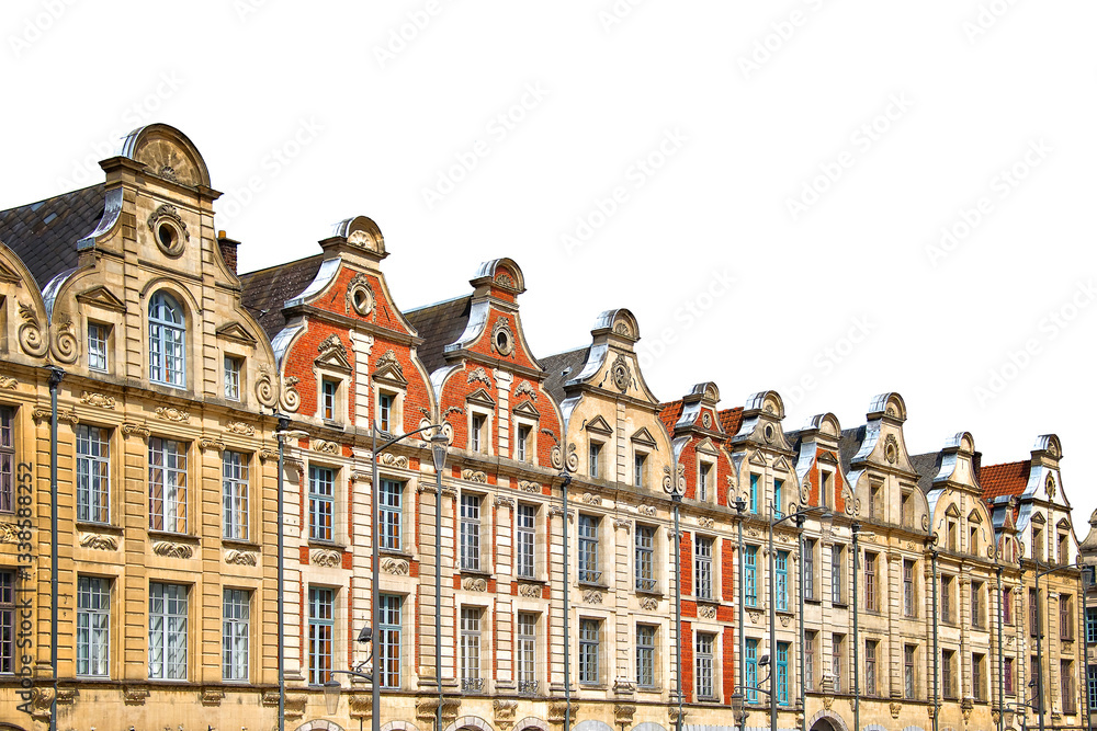 Houses with beautiful facades and gables, Flemish architecture on Place des Heros, Arras, North of France isolated on white or transparent background