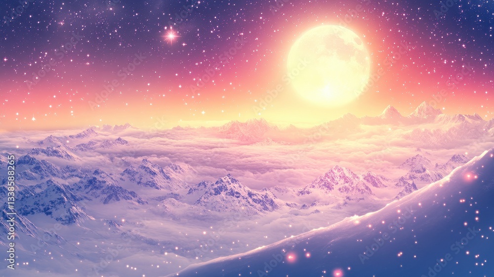 Naklejka premium Magical Snowy Mountains with Full Moon.
