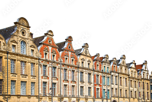 Obraz na płótnie Houses with beautiful facades and gables, Flemish architecture on Place des Heros, Arras, North of France isolated on white or transparent background w salonie