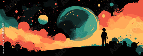 Silhouetted child gazing at colorful cosmic scene with planets and nebulae.