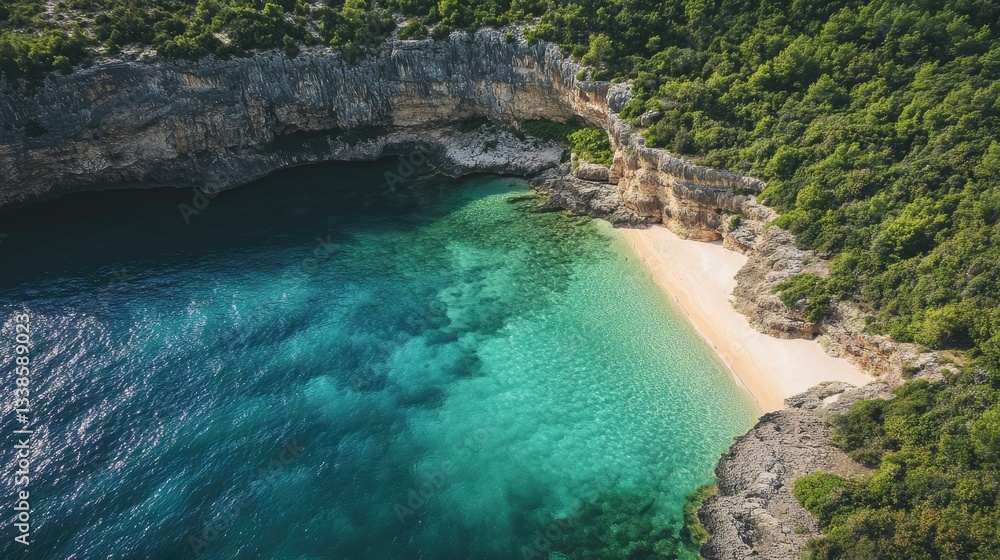 Obraz premium Serene Aerial View of Tropical Beach Surrounded by Lush Greenery